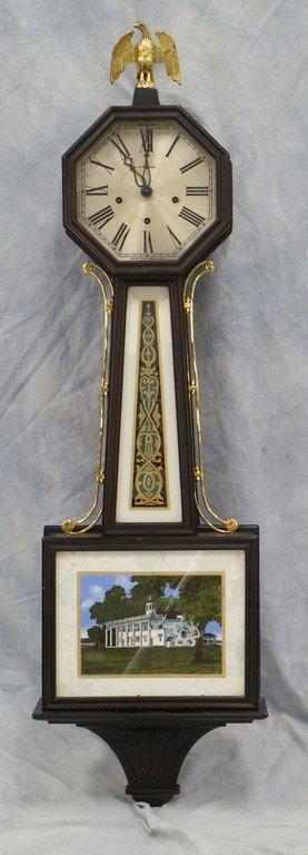 New Haven "Washington" mahogany banjo clock, 5 wire: New Haven "Washington" mahogany banjo clock, 5 wire Westminster chime, lower panel and waist glass with some peeling paint, 43" tall, brass eagle crest