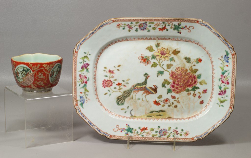 Chinese Rose Famille porcelain platter, peacock and: Chinese Rose Famille porcelain platter, peacock and floral enameled decoration, 13" x 9 3/4", adhesive residue around foot, no damage, along with a 20th c rice cup