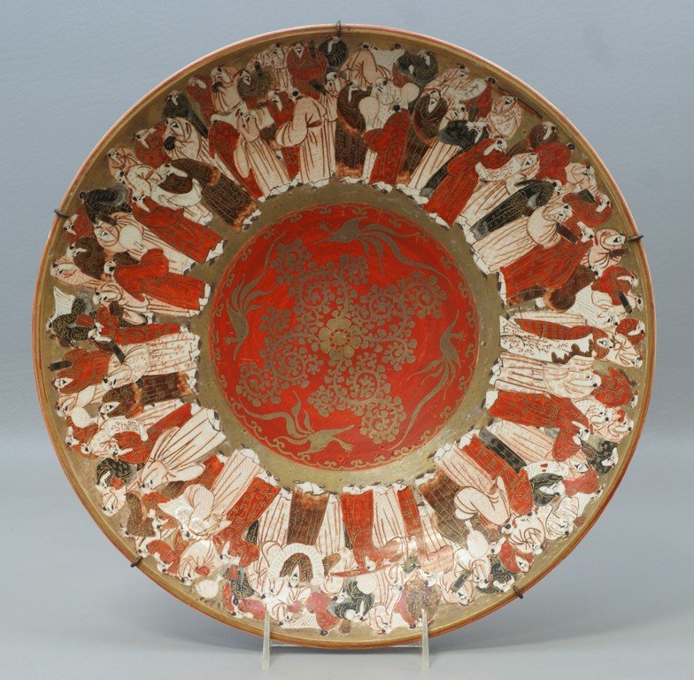 Japanese Kutani charger with Immortals border: Japanese Kutani charger with Immortals border surrounding a gilt bird and floral center, marked to back, also with grape vine border, 14 1/2" d