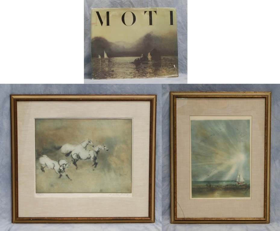 Kaiko Moti, France/India/United Kingdom 1921-1989, 2: Kaiko Moti, France/India/United Kingdom 1921-1989, 2 engravings, seascape 21" x 15 1/2" signed lower right, and horses 18 1/4" x 23" signed 39/75, along with a book on Moti by John Walker 1988 First E