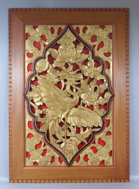 Chinese Carved and Gilt Wood Plaque in Frank Lloyd: Chinese Carved and Gilt Wood Plaque in Frank Lloyd Wright inspired hand made mahogany frame by R. E. Baker, overall 39-1/2" x 27-1/4"