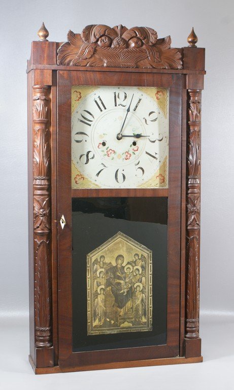 New England shelf clock, Jerome & Darrow, Bristol Conn,: New England shelf clock, Jerome & Darrow, Bristol Conn, carved columns, fruit carved top, bottom glass replaced, 35 1/2" h