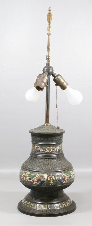 Japanese champlevé and bronze lamp, 31 1/2" h: Japanese champlevé and bronze lamp, 31 1/2" h