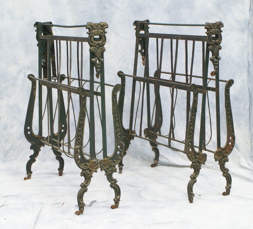 Pr Cast Iron Folding Campaign or Day Beds, with foliate: Pr Cast Iron Folding Campaign or Day Beds, with foliate & gryphon head design on frame, 19th c, folded 45-1/2" h, 36" w, 13" d