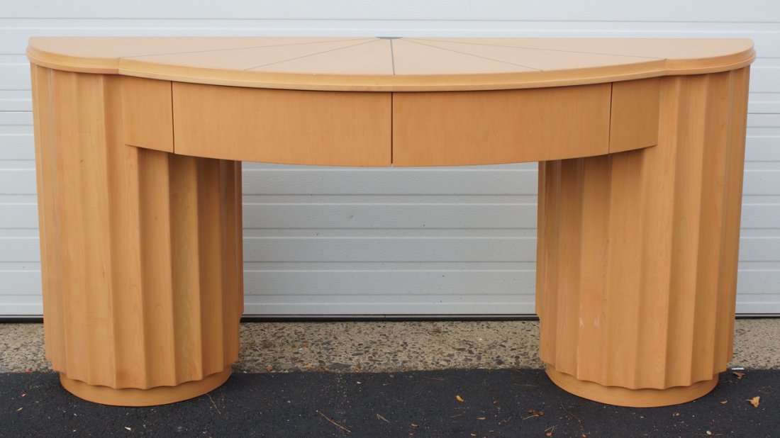 Contemporary Mid-Century design double pedestal bow: Contemporary Mid-Century design double pedestal bow front sideboard to match previous lot, custom made at Continental Furniture, Cherry Hill, NJ, 70" w, 18" d, 36" h