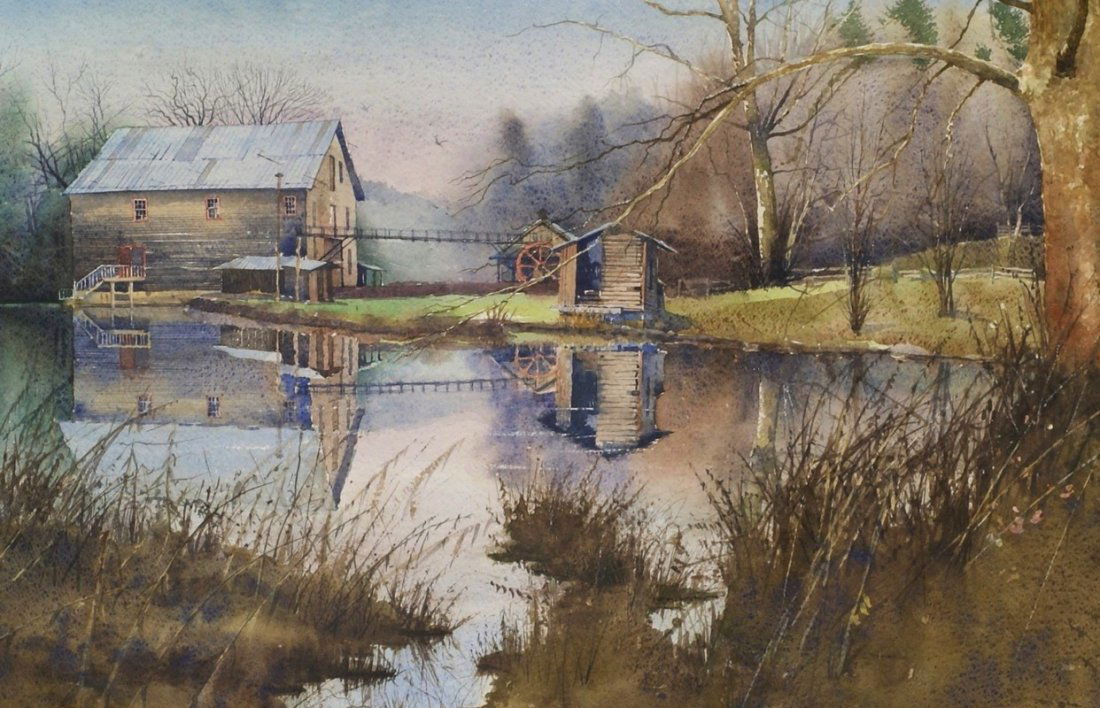 Robert Nickle, American, 20th c, watercolor, "Saw Mill: Robert Nickle, American, 20th c, watercolor, "Saw Mill Sycamore, site size 19"x28", signed LR