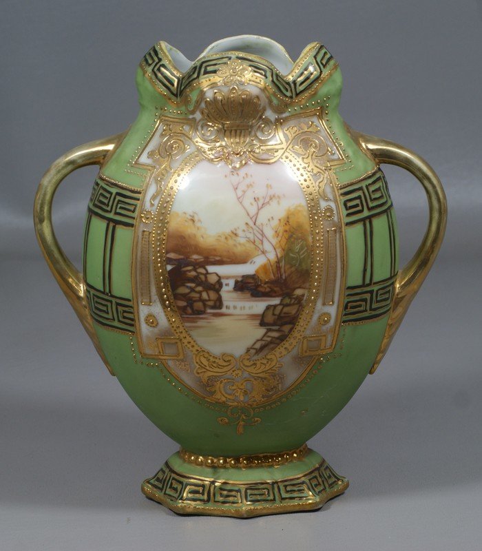 Nippon Hand Painted and Jeweled Vase with 2 pastoral: Nippon Hand Painted and Jeweled Vase with 2 pastoral scenes, 8-1/2" high