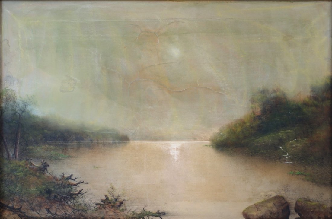 George Douglas Brewerton, American, 1820-1901, pastel: George Douglas Brewerton, American, 1820-1901, pastel on paper laid on canvas, Morning on the Hudson River, 24" x 36", some cracking in the paper, gilt edged mahogany frame