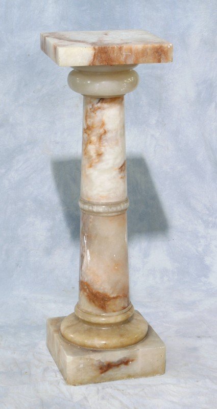 Brown and White Alabaster pedestal with square: Brown and White Alabaster pedestal with square revolving top, 12" square, 38" h