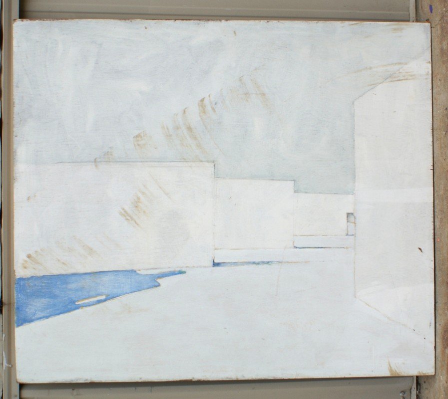 Tom Bostelle, American, PA, 1921-2005, acrylic on luan,: Tom Bostelle, American, PA, 1921-2005, acrylic on luan, Blue man in white city scape, 72"x48", bears estate stamp and accompanied by letter of authenticity from the artist son.