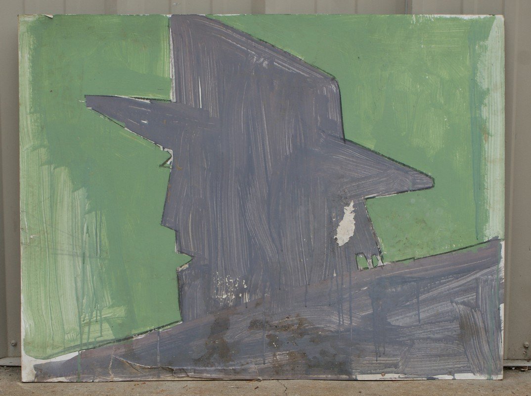 Tom Bostelle, American, PA, 1921-2005, mixed media on: Tom Bostelle, American, PA, 1921-2005, mixed media on artist board, Wooden man with mouth open on green background, 30"x40", bears estate stamp and accompanied by letter of authenticity from the artis