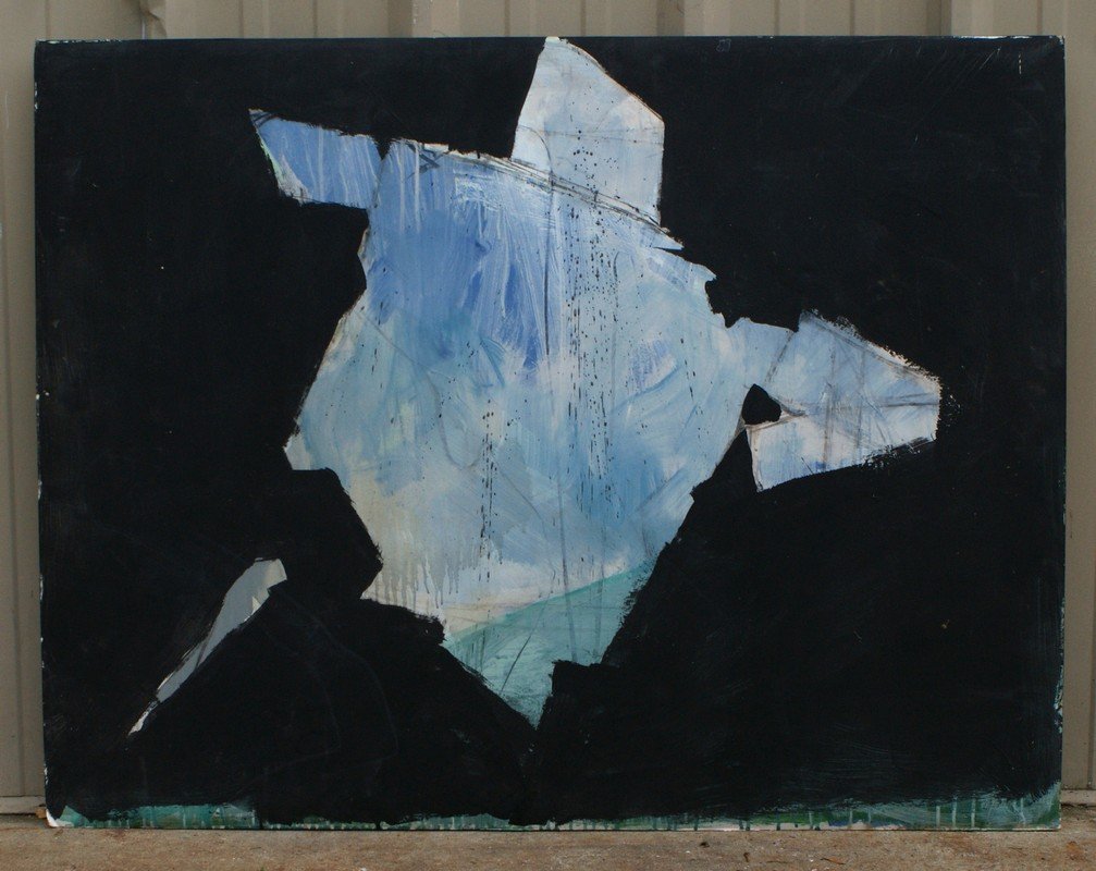 Tom Bostelle, American, PA, 1921-2005, mixed media on: Tom Bostelle, American, PA, 1921-2005, mixed media on foam core, Abstract blue man on black, 35"x46", bears estate stamp and accompanied by letter of authenticity from the artist son.
