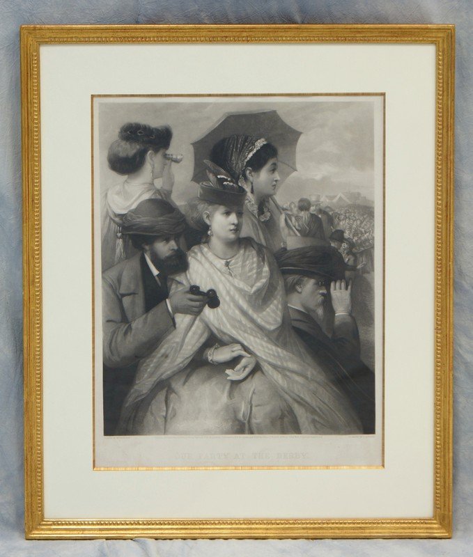 After William Holyoke, "Our Party at the Derby" , an: After William Holyoke, "Our Party at the Derby" , an engraving by G Sanders, published 1870, London, image size 18" x 14 1/2", nicely matted and framed, Graham Arader provenance