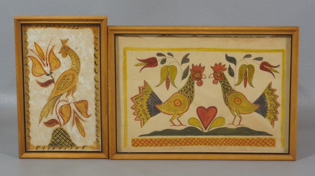 (2) watercolor fraktur, 2 chickens facing, heart and: (2) watercolor fraktur, 2 chickens facing, heart and flowers, 6" x 8 1/2" and peahen on flower with scalloped border, 7 1/2" x 4"