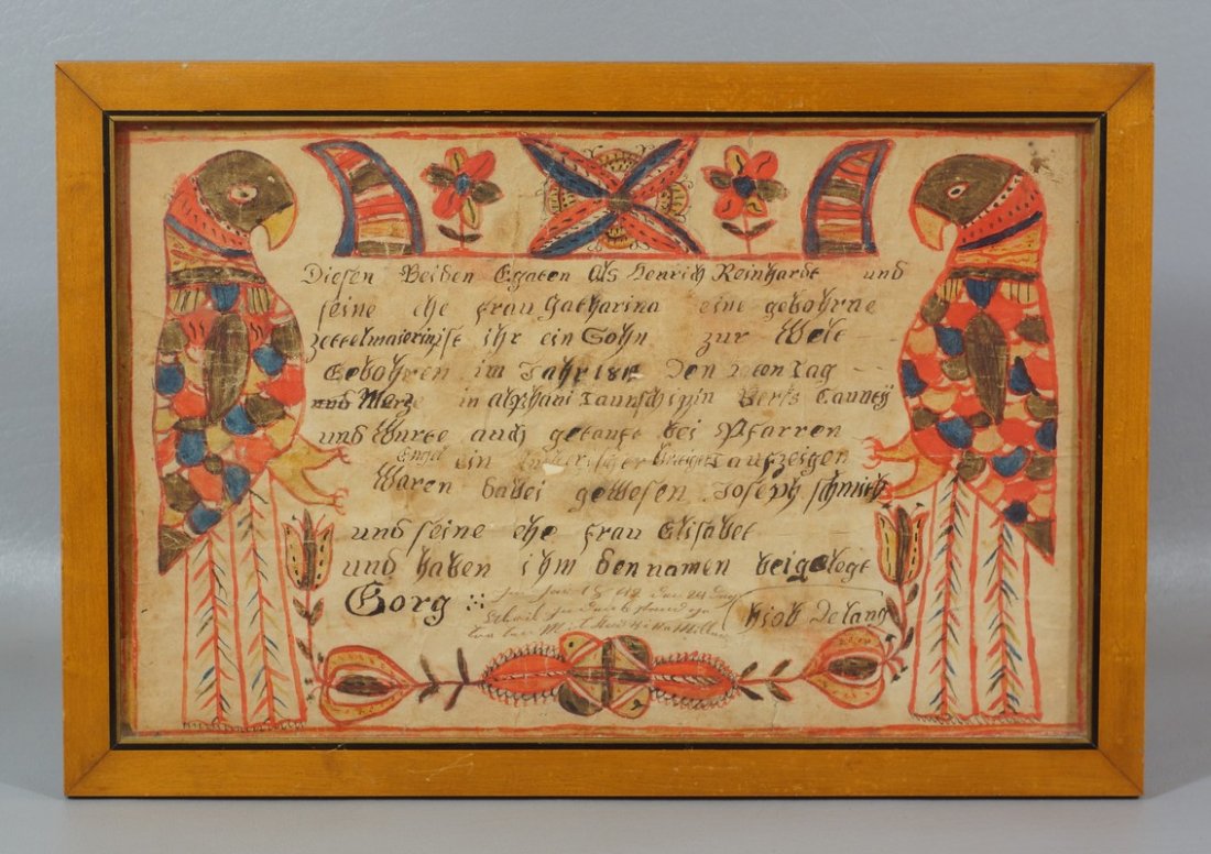 1819 Berks County Taufschein, 2 parrots flanking a: 1819 Berks County Taufschein, 2 parrots flanking a verse, floral border top and bottom, creasing and stains, 8" x 12 3/4"