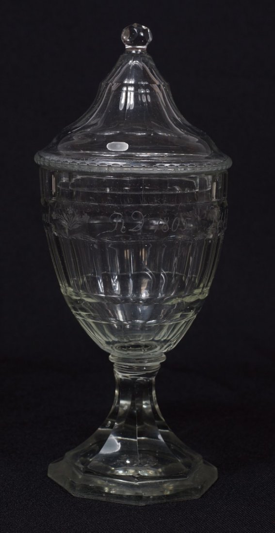 Early German engraved clear crystal pokal dated 1805,: Early German engraved clear crystal pokal dated 1805, minor chipping, 9" h