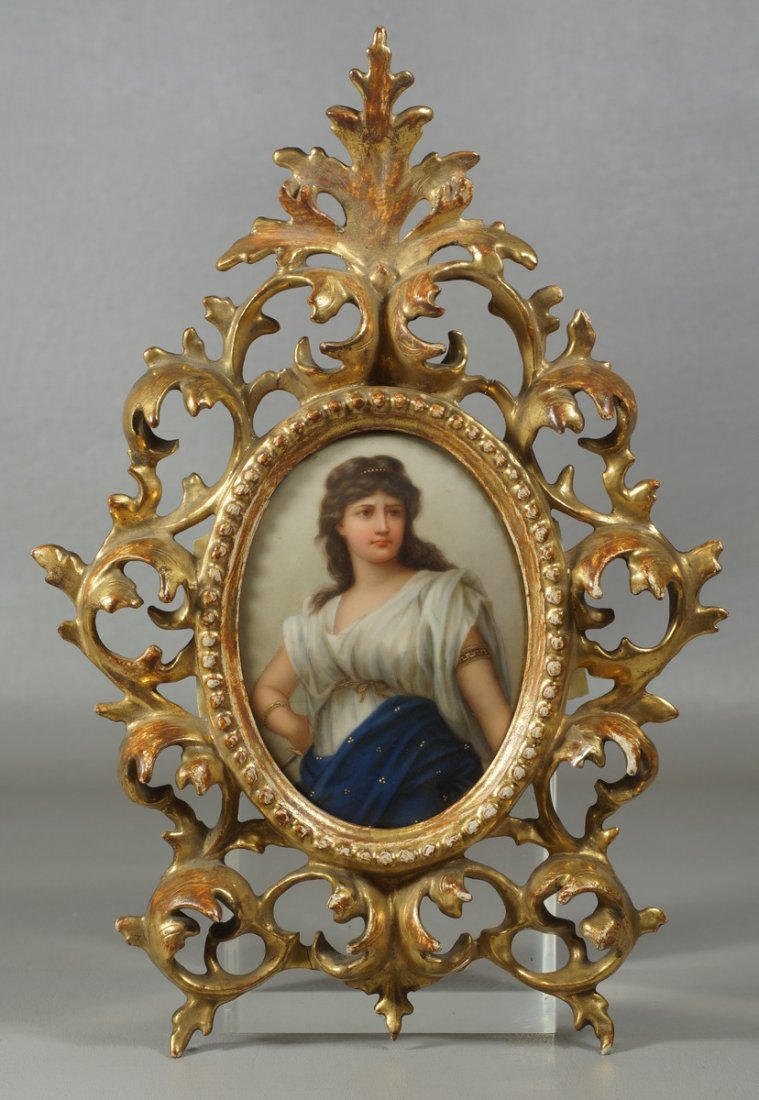 German Painted Porcelain Plaque of a young woman,: German Painted Porcelain Plaque of a young woman, titled "Medea, after Sichel" verso, marked "Made in Germany" in a carved and gilt wood frame, overall 11" high, plaque 4-3/4" x 3-3/4"