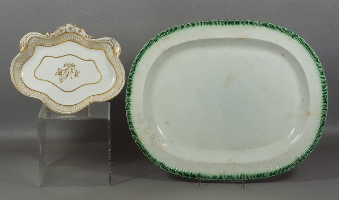 (2) Pieces English pottery, Leeds green feather edge: (2) Pieces English pottery, Leeds green feather edge platter (17" x 13 1/2") and Chamberlains Worcester No 120 shell shaped dish with gilding (9 1/2" x 7 1/2")