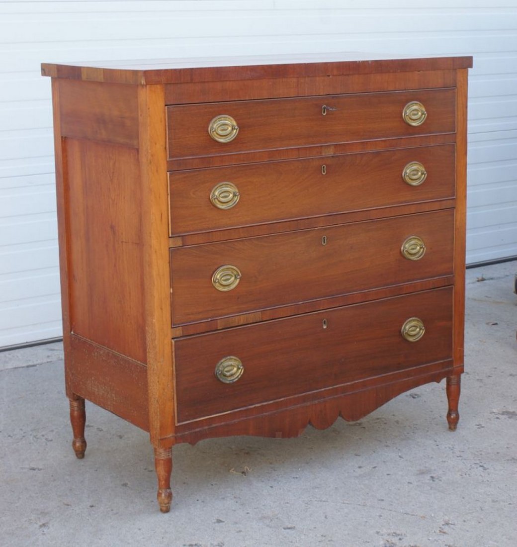 American Sheraton Mahogany 4-Drawer Chest, scalloped: American Sheraton Mahogany 4-Drawer Chest, scalloped apron, replaced brasses, some replaced veneer, 40-1/2" wide, 20-1/2" deep, 42" high