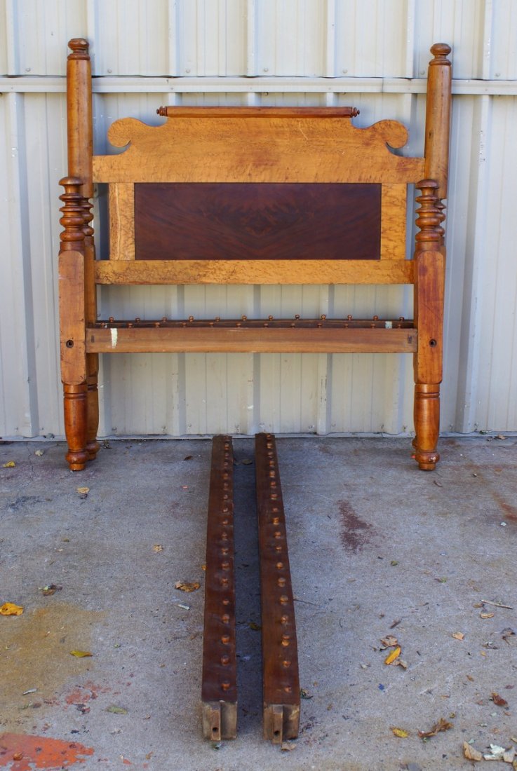 American Birdseye Maple 4-Poster Bed, Headboard inset: American Birdseye Maple 4-Poster Bed, Headboard inset with a flamed mahogany panel, Crack to left-hand side of headboard, 63-1/2" h, 57-1/2" w, 72-1/2" l