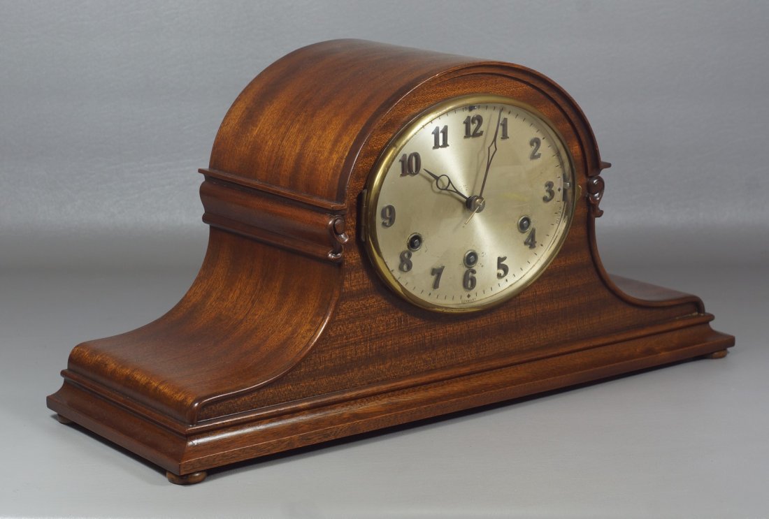 German Mahogany Tambour Mantle Clock by Hamburg: German Mahogany Tambour Mantle Clock by Hamburg Amerikanische Uhrenfabrik, 2 jewels, 2 chimes (Trinity or Westminster), 20" wide, 10" high