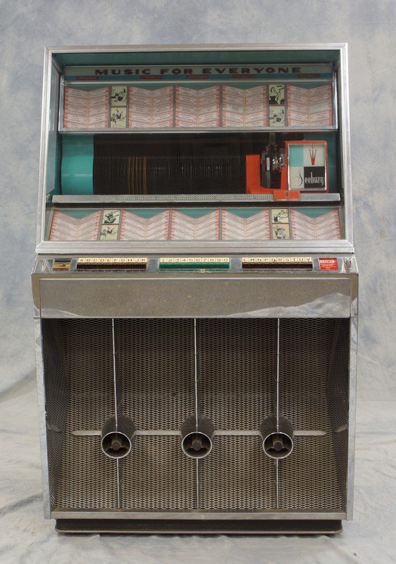 Seeburg 200 Selectomatic High Fidelity Juke Box, model: Seeburg 200 Selectomatic High Fidelity Juke Box, model 201, serial # 11789, 3 illuminated vintage 50's automotive torpedo fins in front, 100 record capacity, in working condition, 56"h, 27-1/2" d, 35"