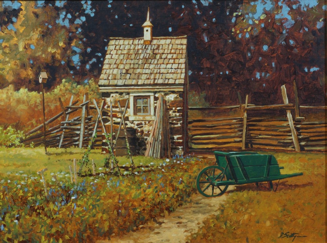 Peter Sculthorpe, American, PA, b 1947, o/board, 9" x: Peter Sculthorpe, American, PA, b 1947, o/board, 9" x 12", Stone Springhouse with Green Wheelbarrow, c 1980