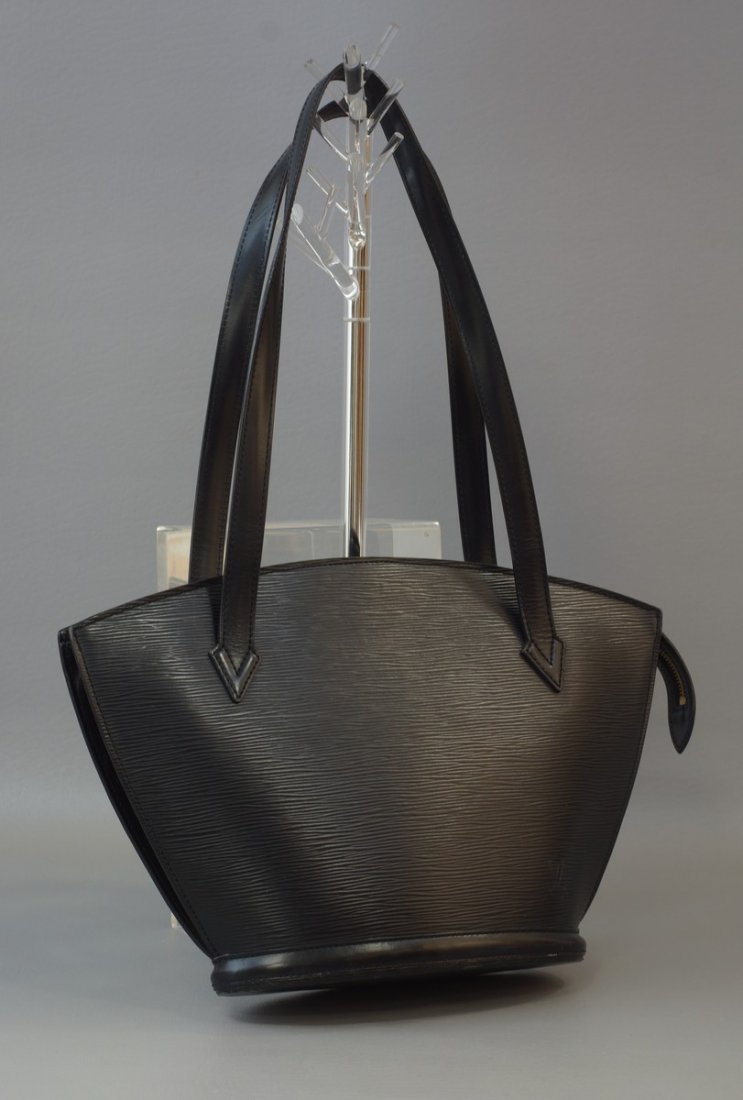 Authentic Louis Vuitton Black Epi Leather Petite Saint: Authentic Louis Vuitton Black Epi Leather Petite Saint Jacques Tote Bag, with original storage sack, 15" x 9" x 4"