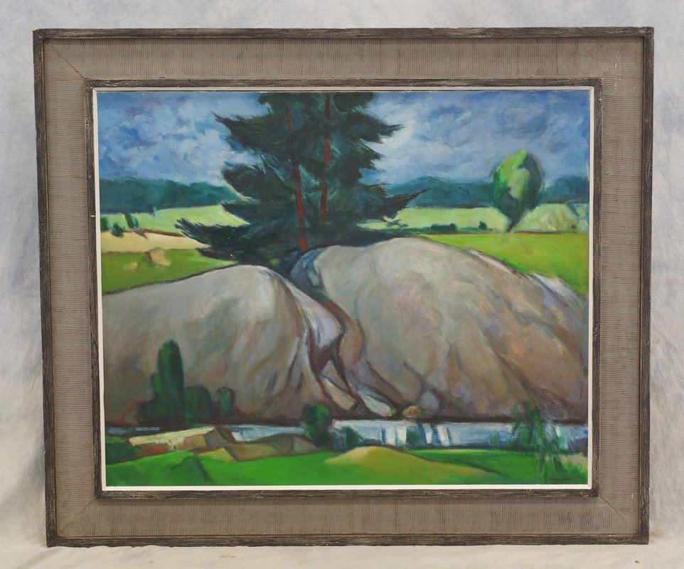 G Ralph Smith, American, PA, 1941-2010, "Green Scene": G Ralph Smith, American, PA, 1941-2010, "Green Scene" oil on canvas, 26" x 32", Born in Circleville Ohio, Smith graduated from the Columbus Art School in 1929 and went on to attend the Pennsylvania Ac
