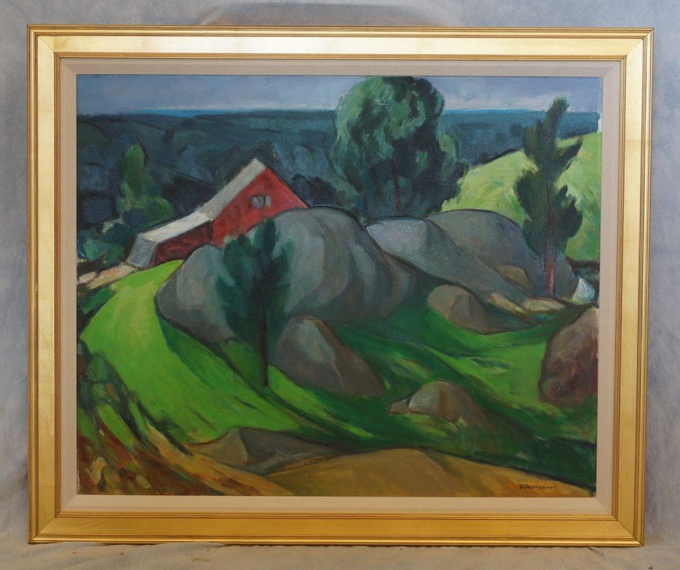 G Ralph Smith, American, PA, 1941-2010, o/c, "Red: G Ralph Smith, American, PA, 1941-2010, o/c, "Red House", 26" x 32" , Born in Circleville Ohio, Smith graduated from the Columbus Art School in 1929 and went on to attend the Pennsylvania Academy of F