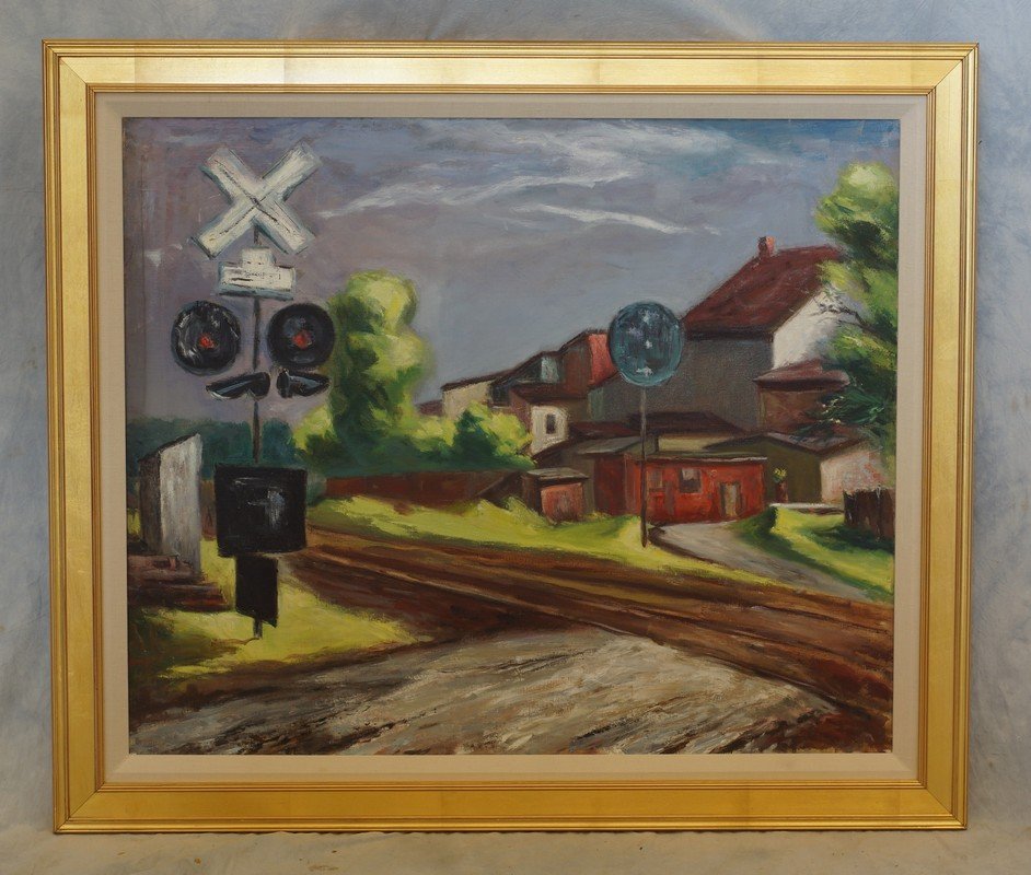 G Ralph Smith, American, PA, 1941-2010, o/c, Railroad: G Ralph Smith, American, PA, 1941-2010, o/c, Railroad Crossing, 25" x 30", Born in Circleville Ohio, Smith graduated from the Columbus Art School in 1929 and went on to attend the Pennsylvania Academy