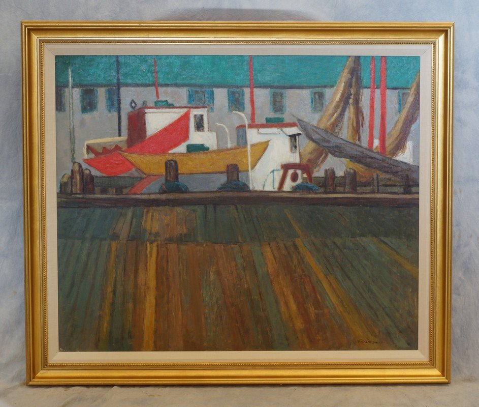 G Ralph Smith, American, PA, 1941-2010, o/c, Boat Yard,: G Ralph Smith, American, PA, 1941-2010, o/c, Boat Yard, 26" x 32", Born in Circleville Ohio, Smith graduated from the Columbus Art School in 1929 and went on to attend the Pennsylvania Academy of Fine