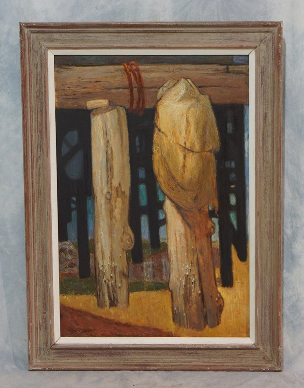G Ralph Smith, American, PA, 1941-2010, o/b, Gloucester: G Ralph Smith, American, PA, 1941-2010, o/b, Gloucester Pilings, 22" x 32", Born in Circleville Ohio, Smith graduated from the Columbus Art School in 1929 and went on to attend the Pennsylvania Academ