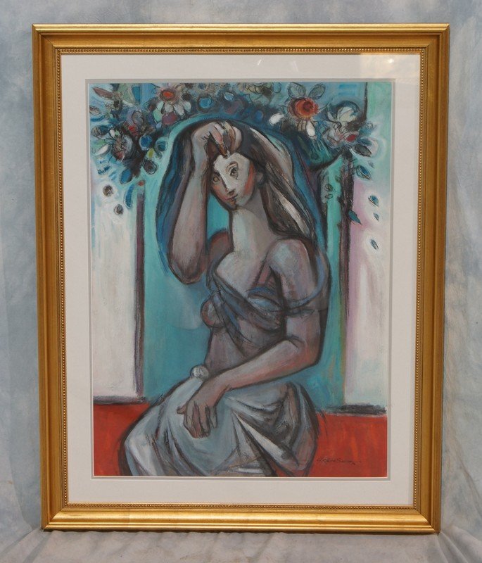 G Ralph Smith, American, PA, 1941-2010, mixed media on: G Ralph Smith, American, PA, 1941-2010, mixed media on paper, Lady in Waiting, 22" x 29" , Born in Circleville Ohio, Smith graduated from the Columbus Art School in 1929 and went on to attend the Penn