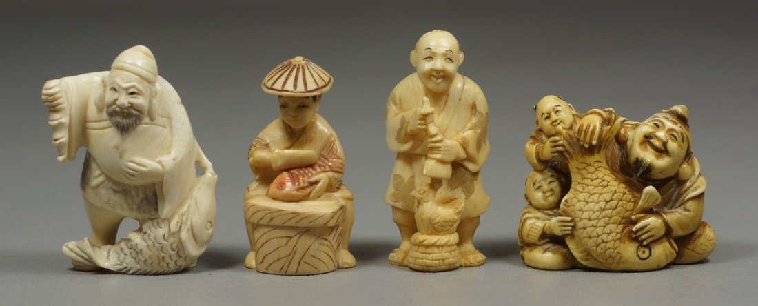 (4) carved ivory Japanese netsuke, 3 fishmongers, (1: (4) carved ivory Japanese netsuke, 3 fishmongers, (1 signed), man with chicken, tallest 2". We adhere strictly to all state and Federal laws pertaining to the sale, shipping, and export of any items c