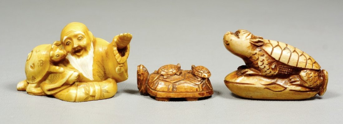 (3) carved ivory Japanese netsuke, man w/turtle, turtle: (3) carved ivory Japanese netsuke, man w/turtle, turtle w/2 babies, shelled creature, one signed, tallest 1 1/4". We adhere strictly to all state and Federal laws pertaining to the sale, shipping, and