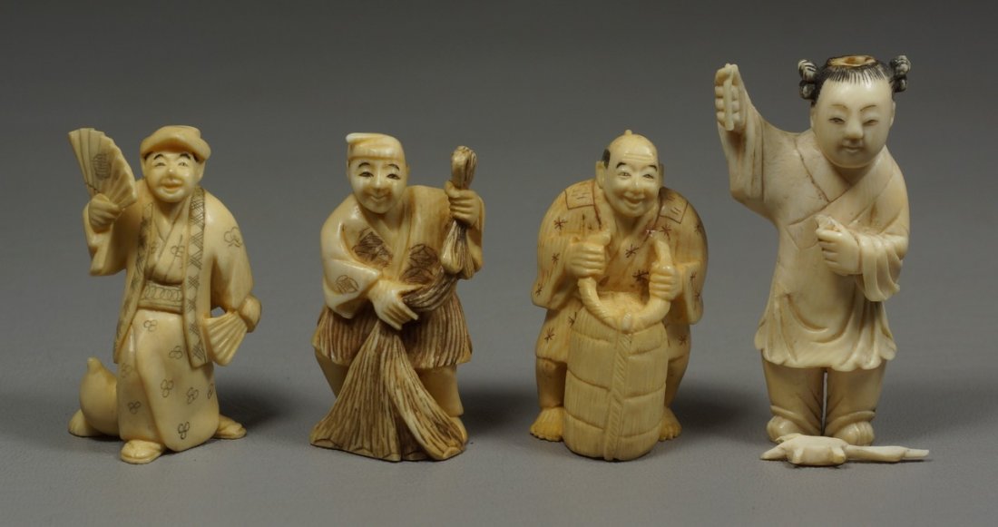 (4) carved ivory Japanese netsuke, figures holding: (4) carved ivory Japanese netsuke, figures holding various objects, two signed, tallest 2 3/4", one with minor break. We adhere strictly to all state and Federal laws pertaining to the sale, shipping,