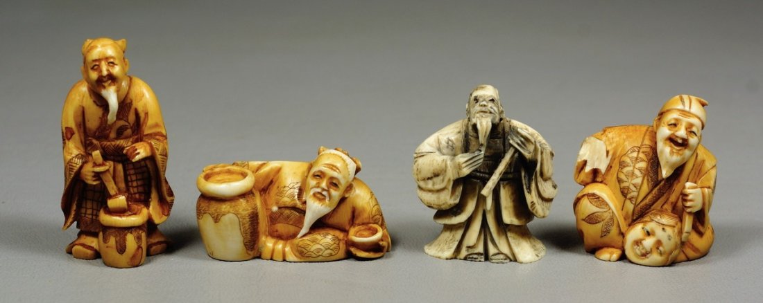 (4) carved ivory Japanese netsuke, men with beards, one: (4) carved ivory Japanese netsuke, men with beards, one missing hand, another missing tip of staff, three signed, one missing a hand, tallest 1 1/2". We adhere strictly to all state and Federal laws p