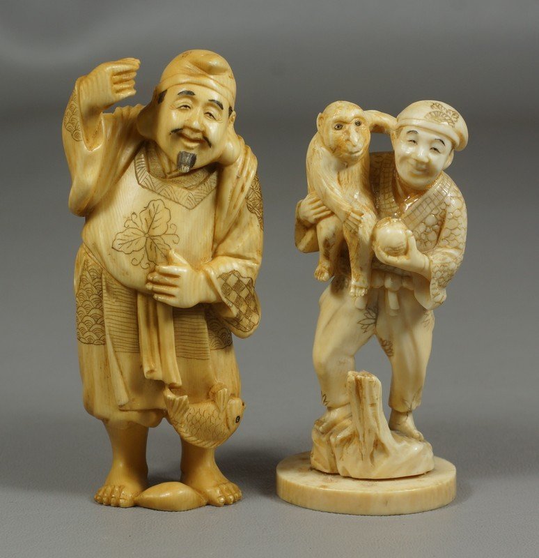 (2) carved ivory figures, man with fish, missing pole,: (2) carved ivory figures, man with fish, missing pole, signed, 4 1/8", man with monkey, neck repaired, signed, 3 3/4" h. We adhere strictly to all state and Federal laws pertaining to the sale, shippi