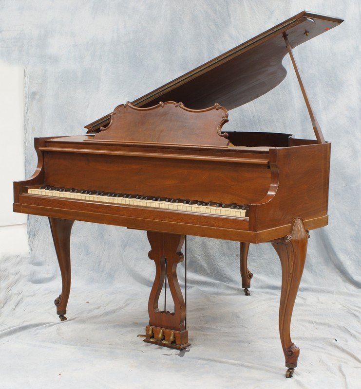 Cunningham walnut French Provincial baby grand piano,: Cunningham walnut French Provincial baby grand piano, 54" case, SN 118207, delamination in soundboard