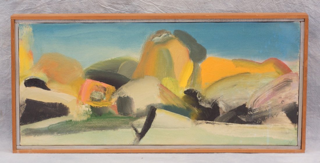 Martha Armstrong, American, b 1935, o/c "Landscape: Martha Armstrong, American, b 1935, o/c "Landscape with Square" 1983, 8 1/4" x 18 1/4", together with an exhibition catalog