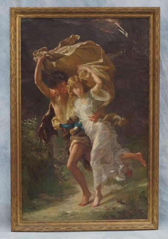 D Alexander, o/c couple fleeing the storm, 38" x 23: D Alexander, o/c couple fleeing the storm, 38" x 23 1/2"