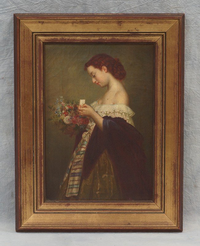 Unsigned, Continental, o/c young girl receiving: Unsigned, Continental, o/c young girl receiving flowers, 7" x 10 1/2"