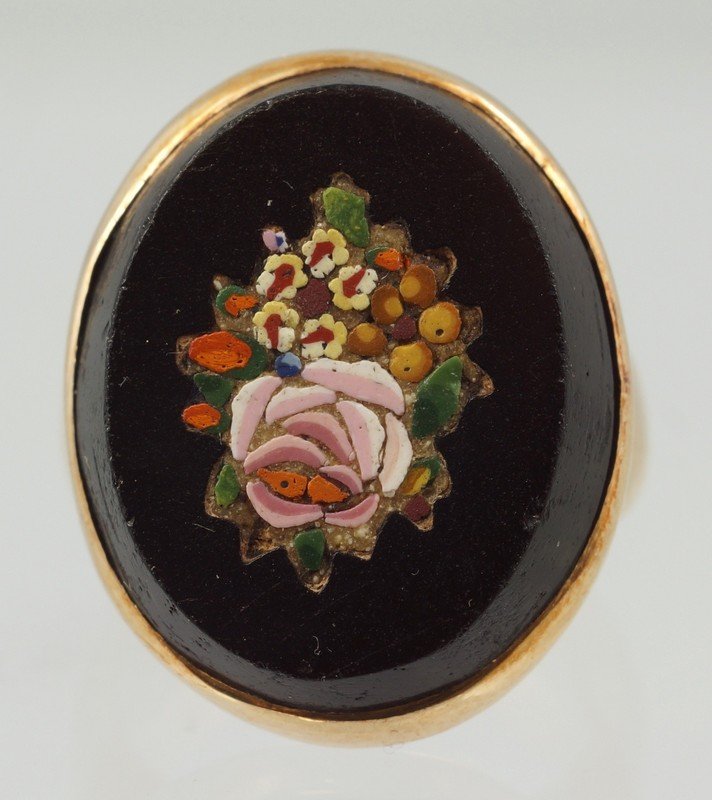 Unmarked YG floral micro mosaic ring, tests as 14K,: Unmarked YG floral micro mosaic ring, tests as 14K, 5.4 dwt, size 5