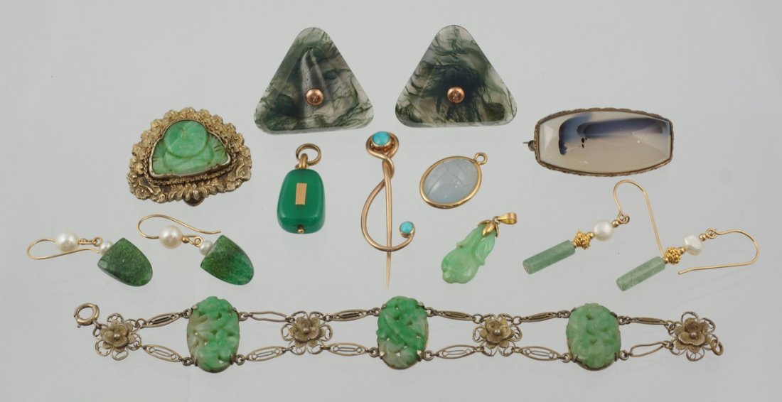 12 pcs jade/green stone jewelry, 2 pr earrings: 12 pcs jade/green stone jewelry, 2 pr earrings w/pearls, triangular earrings, 3 pendants, 2 pins, bracelet, clip w/Buddha carved center