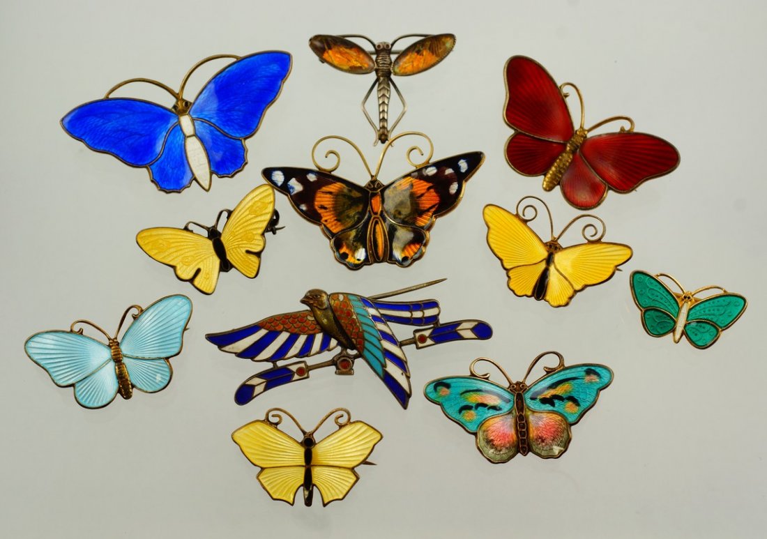 11 enameled sterling silver butterfly pins, 10 Danish,: 11 enameled sterling silver butterfly pins, 10 Danish, (1 David Anderson), the dragonfly English, 1.8 TO