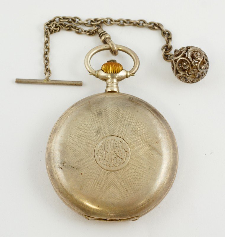 Omega 875 silver HC pocket watch, 24 hr red and black: Omega 875 silver HC pocket watch, 24 hr red and black dial in good condition, SN 5050966, c 1916, runs when wound, on a short chain with pierced ball fob