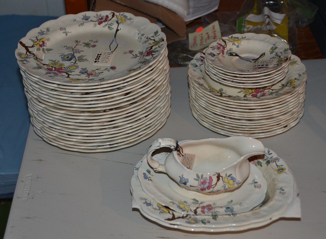 43 pieces of Booths "Chinese Tree" pattern dinnerware,: 43 pieces of Booths "Chinese Tree" pattern dinnerware, consisting of (20) 10" plates, (14) 8 1/2" plates, (6) 6" saucers, (2) oval vegetables, and a gravy boat with an attached undertray.