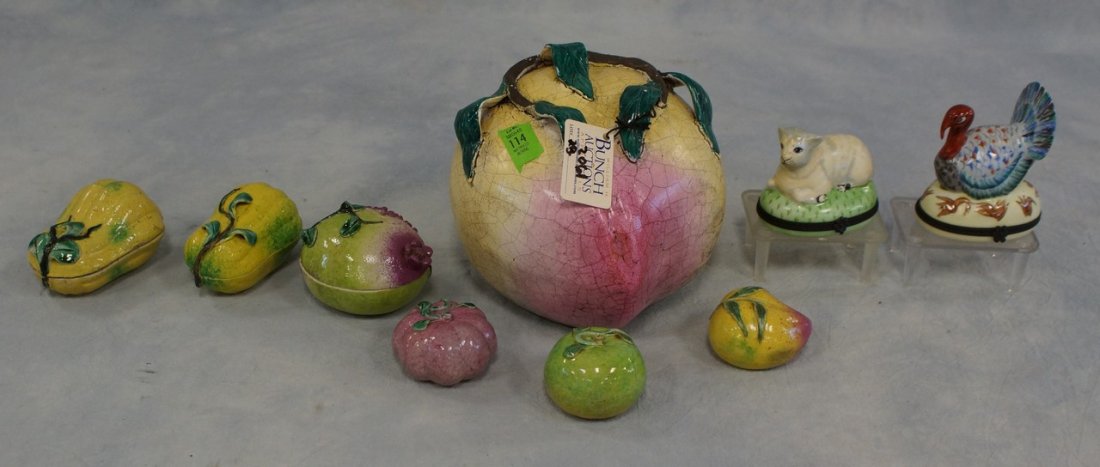 Group of 6 polychome decorated fruit, including 2: Group of 6 polychome decorated fruit, including 2 covered boxes, and 2 Limoges dresser boxes, cat & turkey, & large stoneware peach, largest 8" w