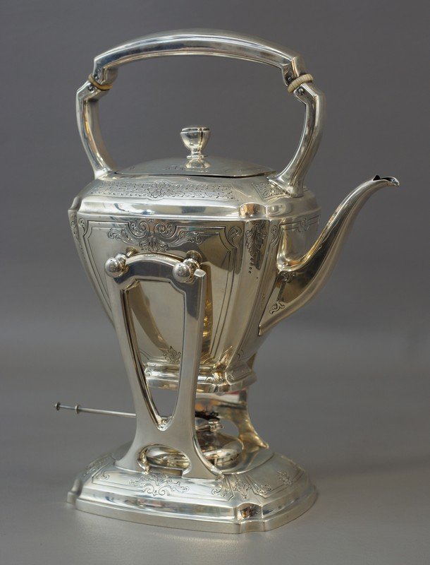 Whiting sterling silver tilting kettle on stand,: Whiting sterling silver tilting kettle on stand, engraved pattern numbered B8766, 37.75 TO, mono ELM
